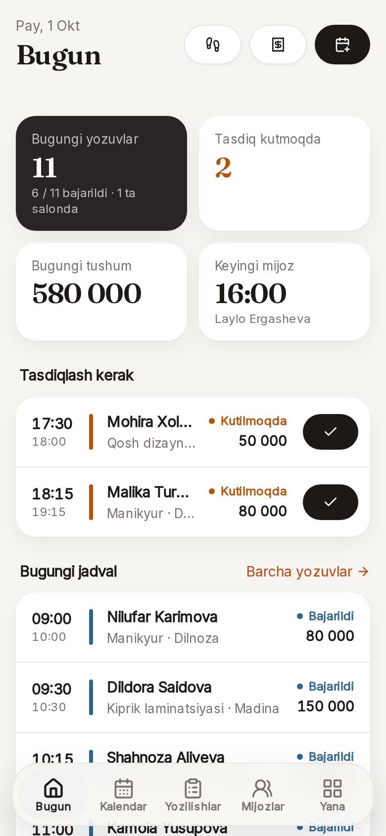 Salon uchun «Bugun» ekrani: bugungi yozilishlar
